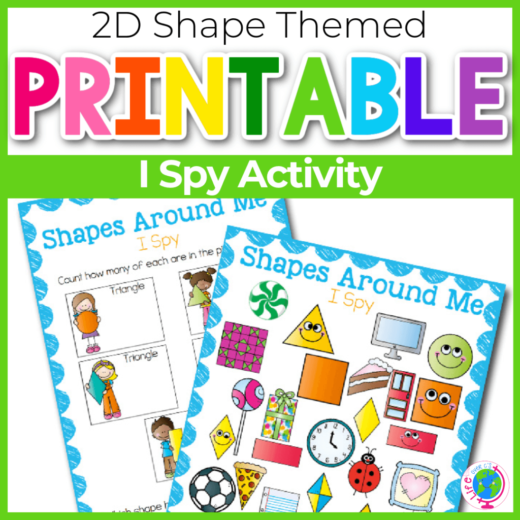 Free printable I spy game for kids to practice 2D shapes.