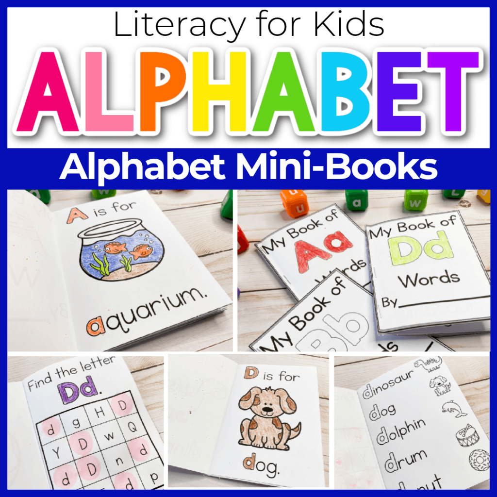 Alphabet mini-books shown with multiple page options: coloring, dot marker, and matching words to images.