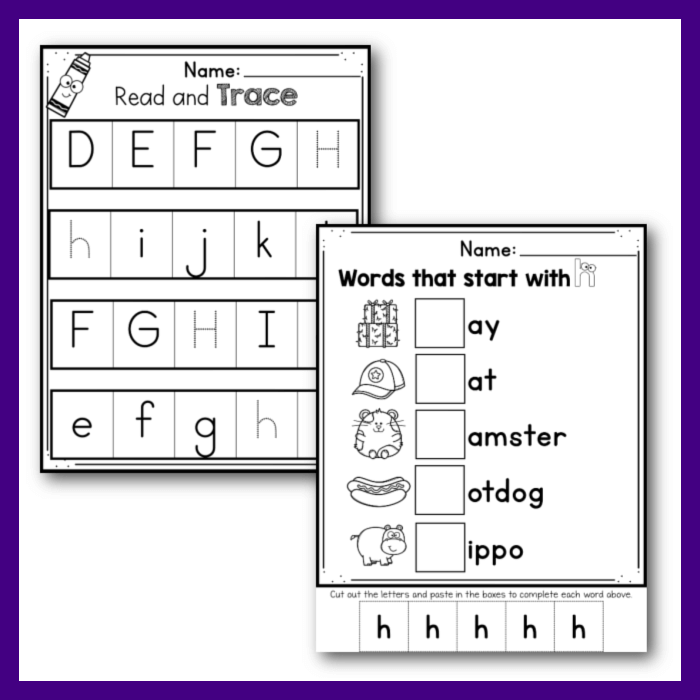 Letter H alphabet worksheet read and trace