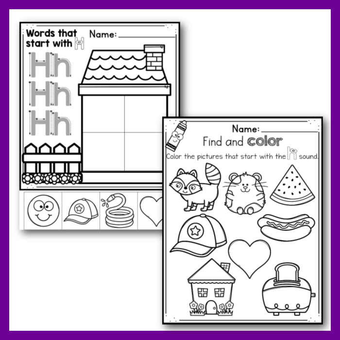 Letter H alphabet worksheet words that start with and find and color
