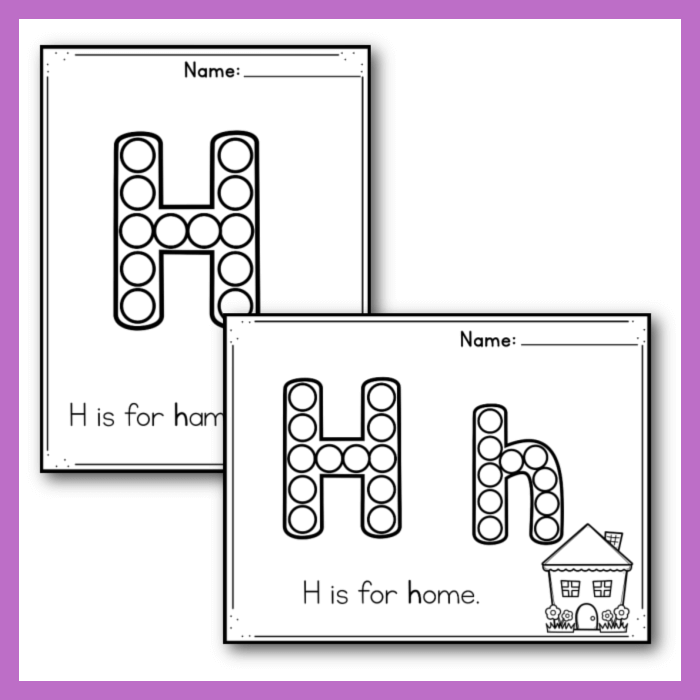 Letter H alphabet dot marker worksheets