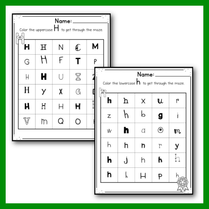 Letter H alphabet worksheet uppercase and lowercase find