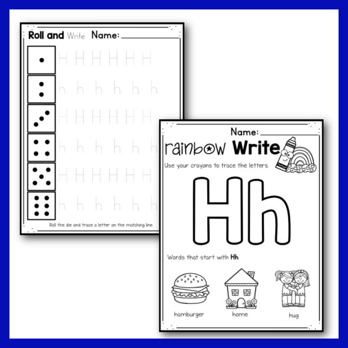 Letter H alphabet worksheet roll and write or rainbow write