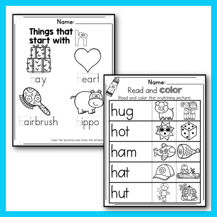 Letter H alphabet worksheet things that start with and read and color