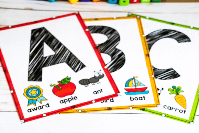 Uppercase letter A,B, C posters with beginning sound items.
