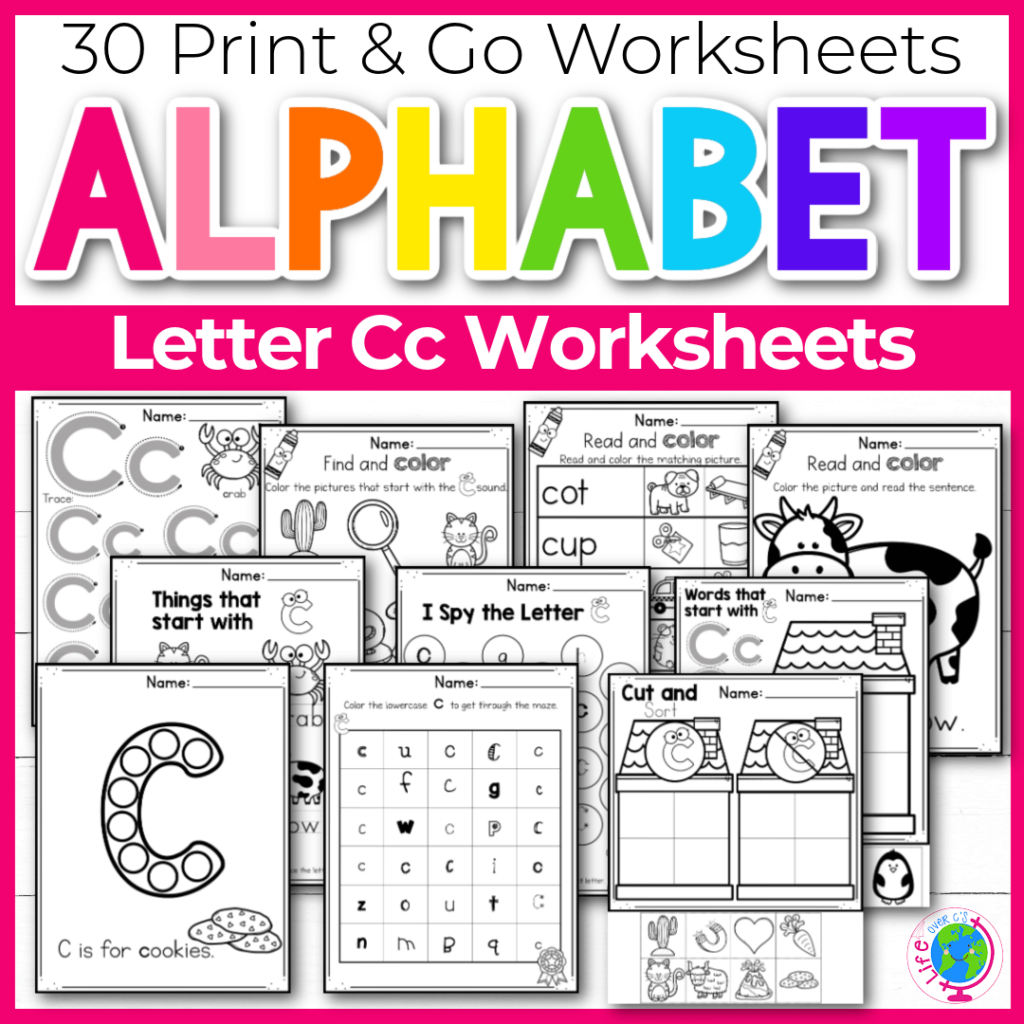 Letter C Alphabet worksheets for kindergarten and preschool handwriting practice
