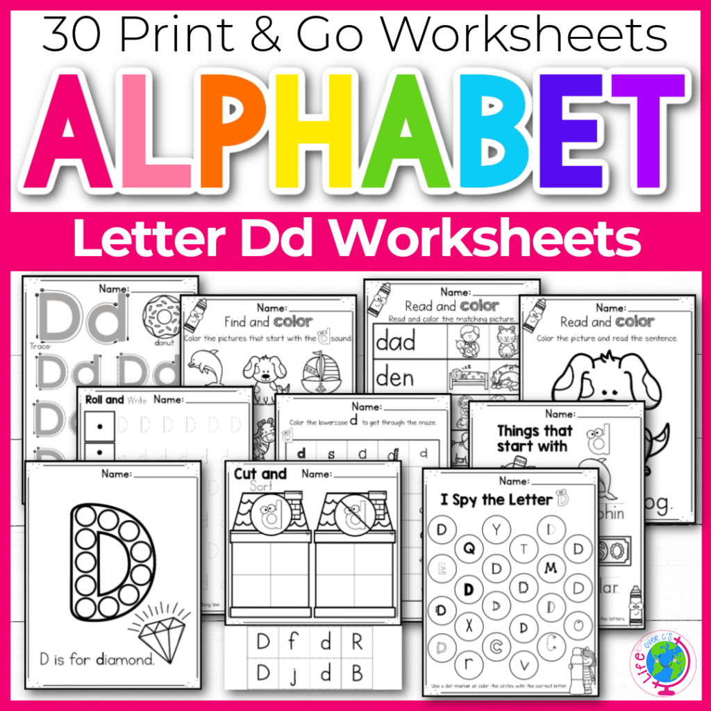 Letter d alphabet worksheets for letter recognition.