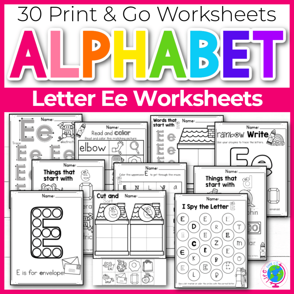 Letter E Alphabet worksheets for kindergarten and preschool handwriting practice