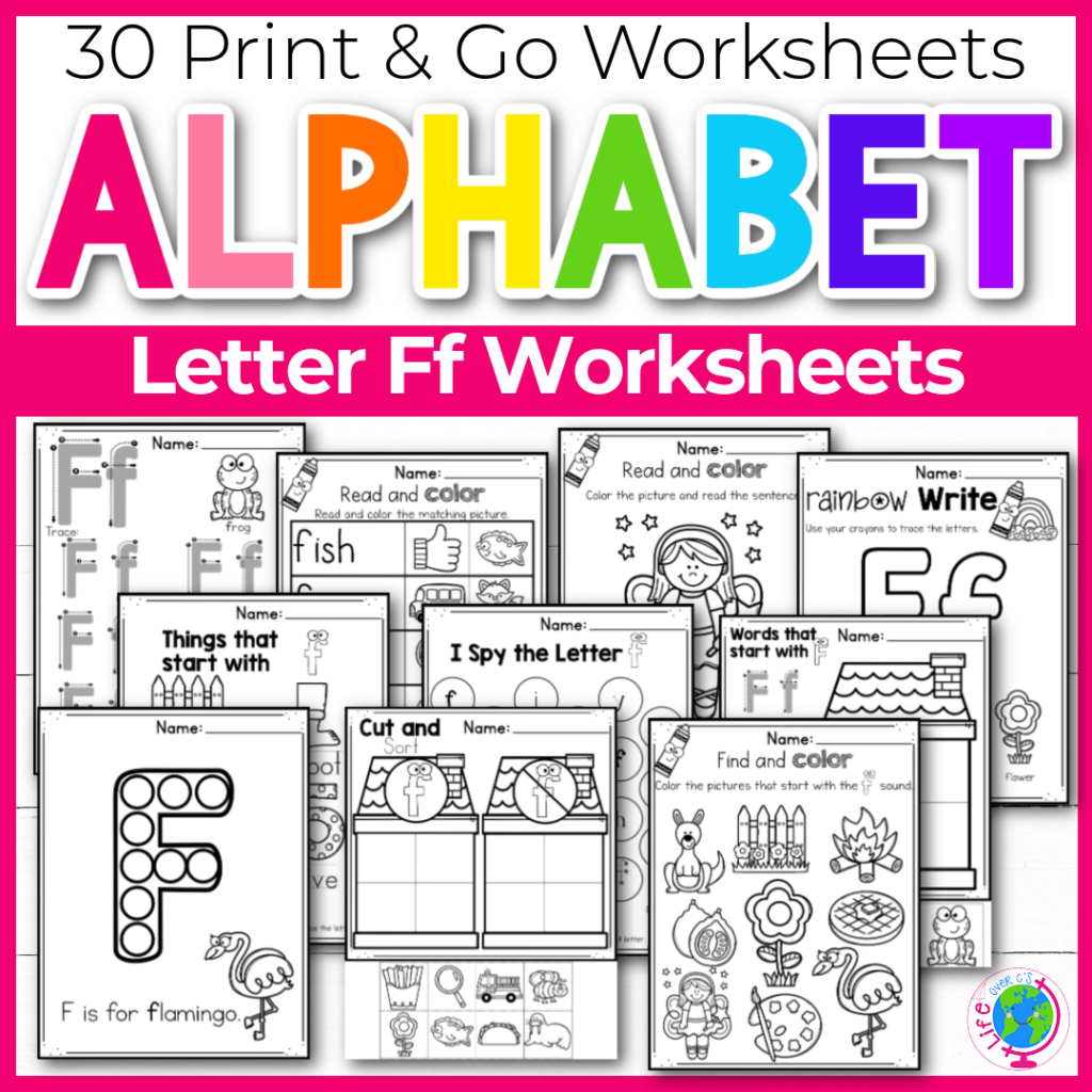 Letter f alphabet recognition worksheets for preschool and kindergarten.