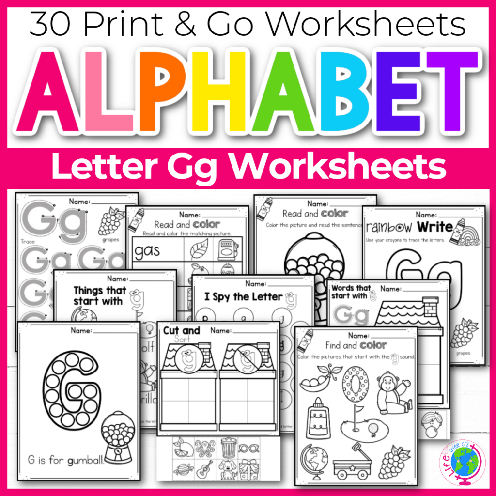 Letter G Alphabet worksheets for kindergarten and preschool handwriting practice