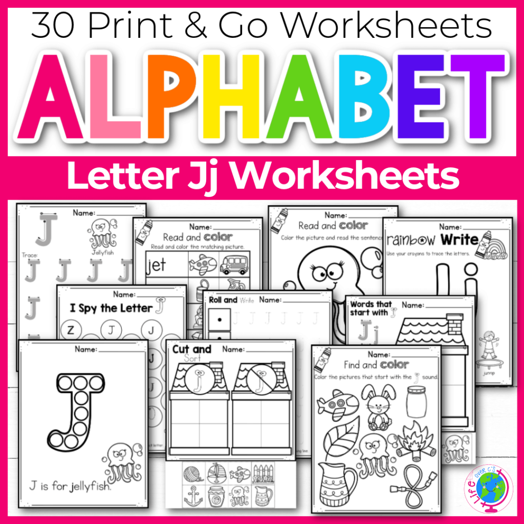 Letter J Alphabet worksheets for kindergarten and preschool handwriting practice
