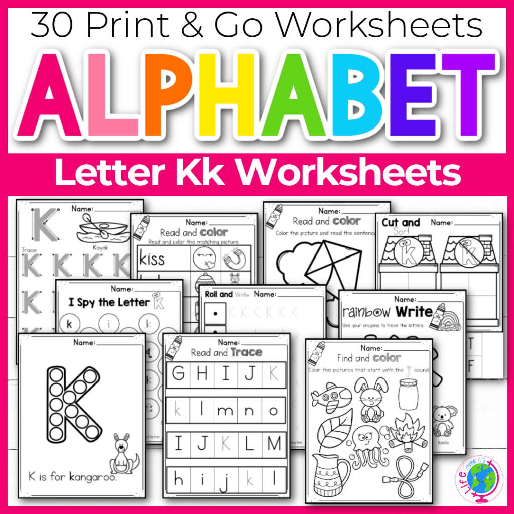 Letter K Alphabet worksheets for kindergarten and preschool handwriting practice