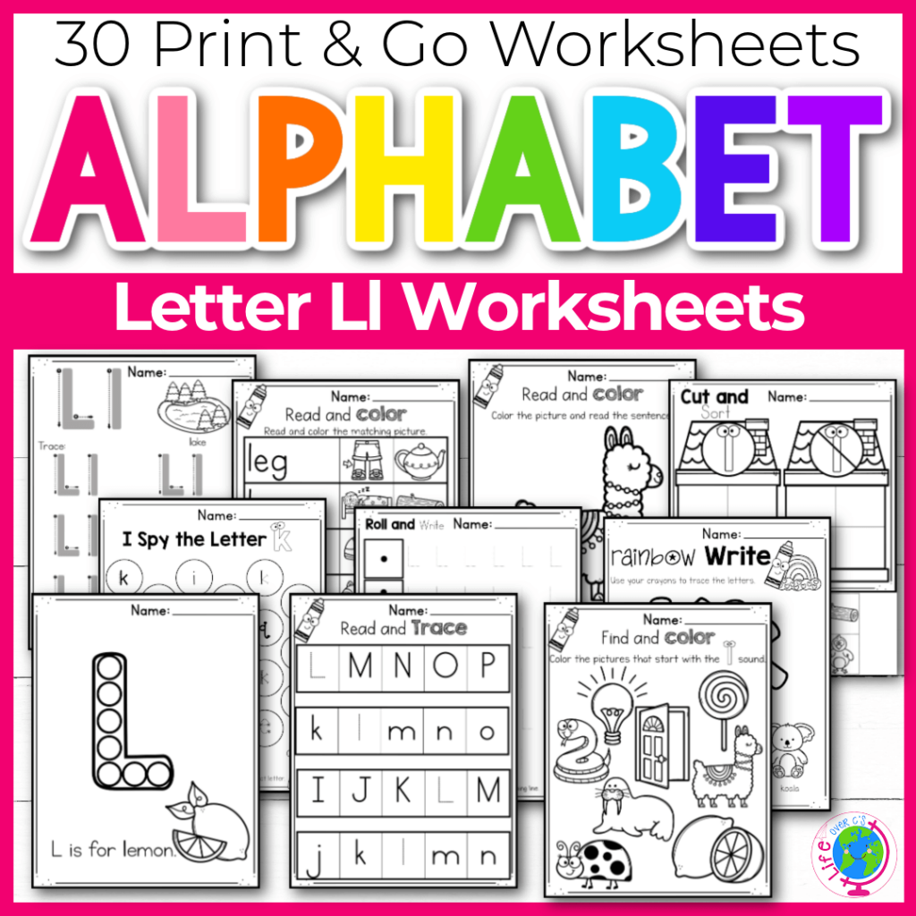 Letter L Alphabet worksheets for kindergarten and preschool handwriting practice