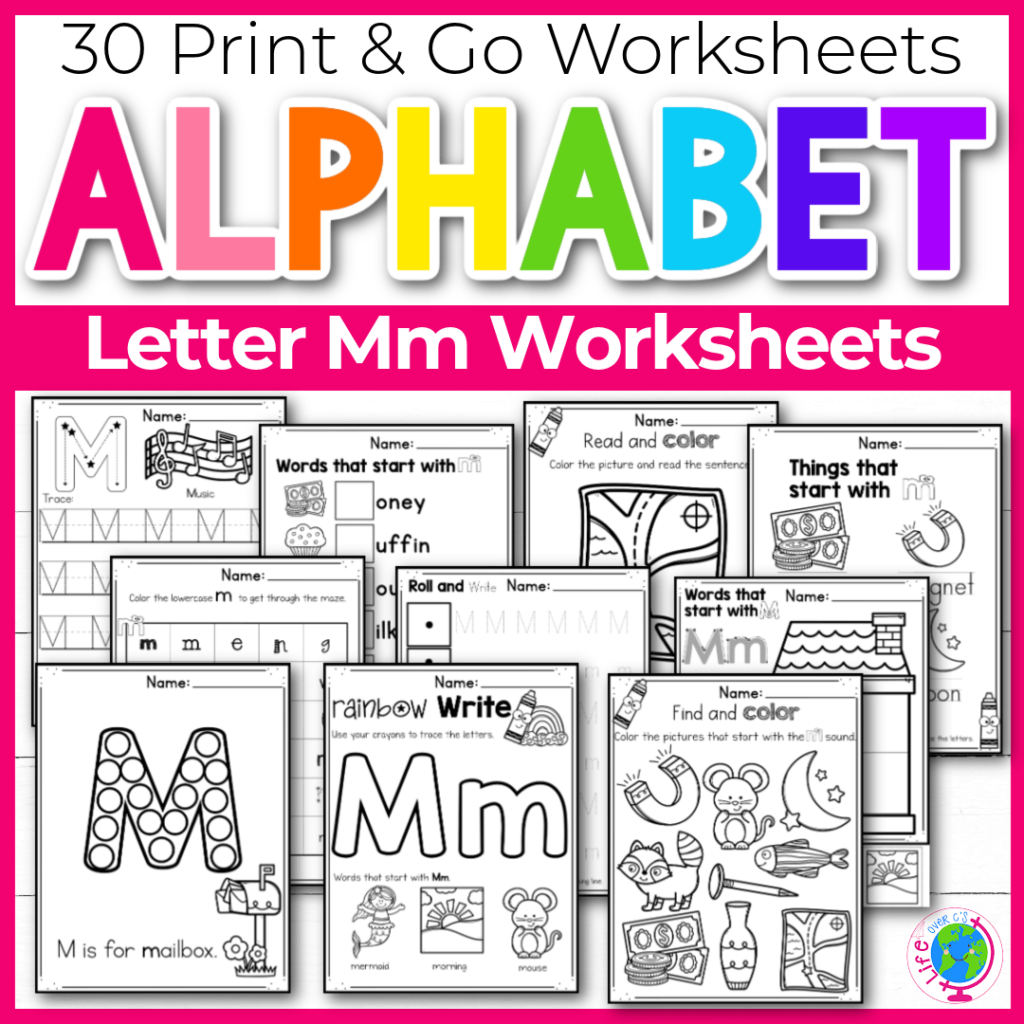 Letter M Alphabet worksheets for kindergarten and preschool handwriting practice