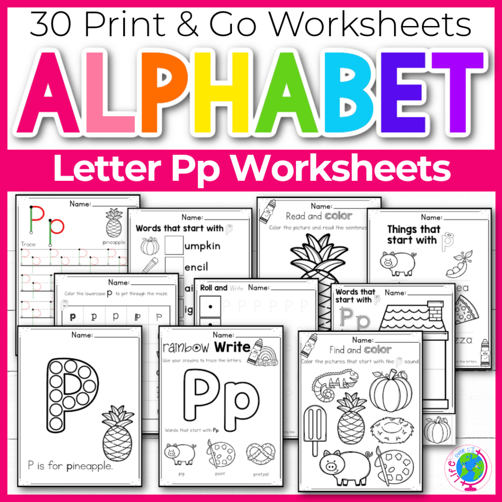 Letter P Alphabet worksheets for kindergarten and preschool handwriting practice