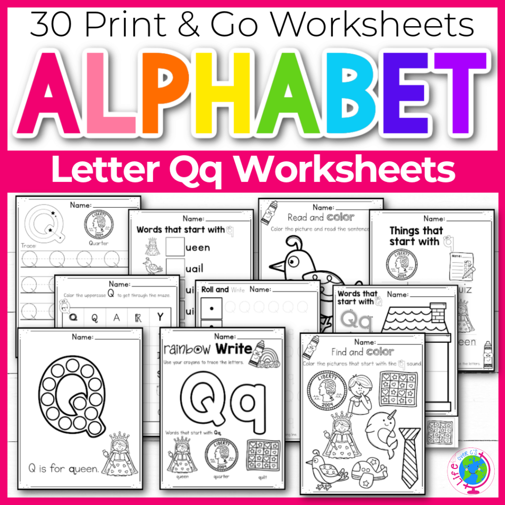 Letter Q Alphabet worksheets for kindergarten and preschool handwriting practice