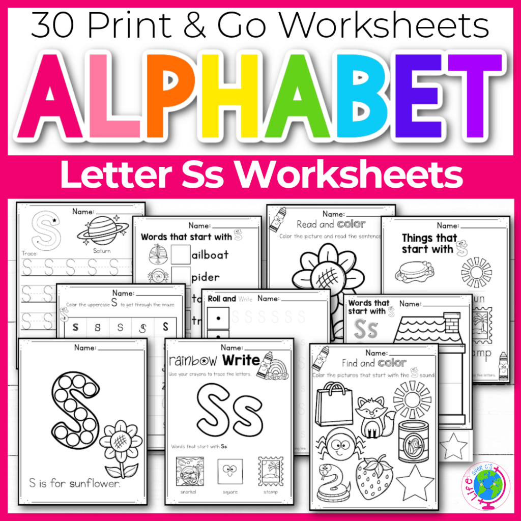 Letter S Alphabet worksheets for kindergarten and preschool handwriting practice