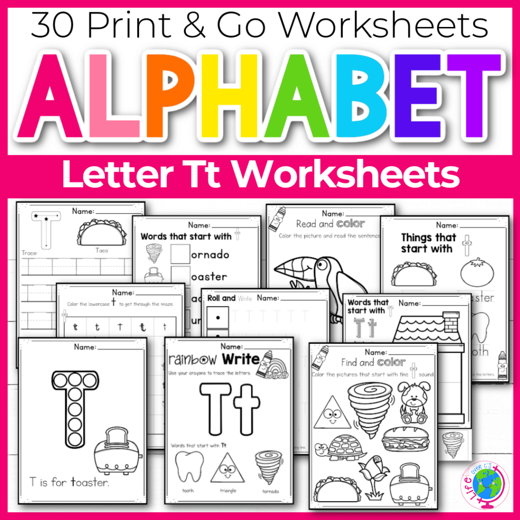 Letter T Alphabet worksheets for kindergarten and preschool handwriting practice