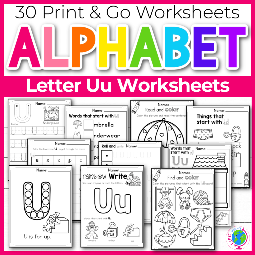 Letter U Alphabet worksheets for kindergarten and preschool handwriting practice