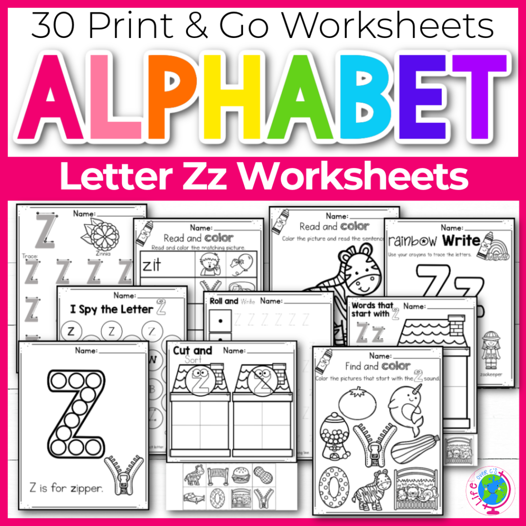 Letter Z Alphabet worksheets for kindergarten and preschool handwriting practice