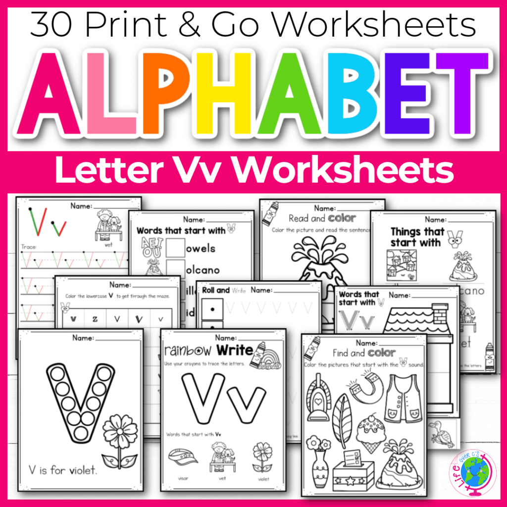 Letter V Alphabet worksheets for kindergarten and preschool handwriting practice