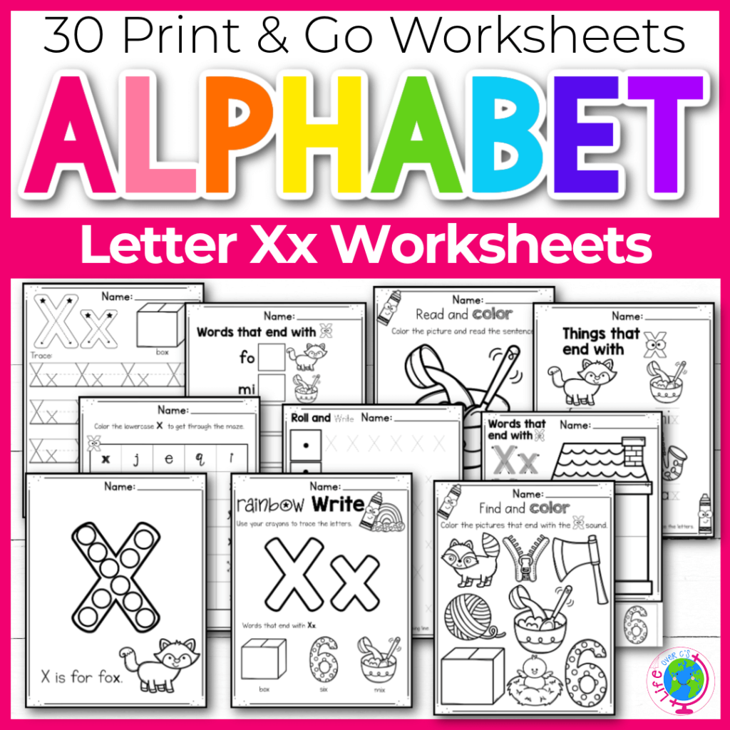 Letter X Alphabet worksheets for kindergarten and preschool handwriting practice