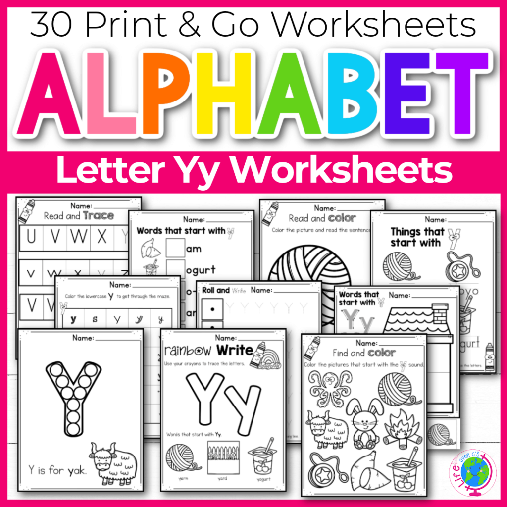 Letter Y Alphabet worksheets for kindergarten and preschool handwriting practice