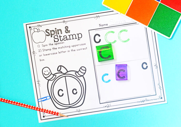Apple Alphabet Spin and Stamp Uppercase and Lowercase stamping alphabet activity