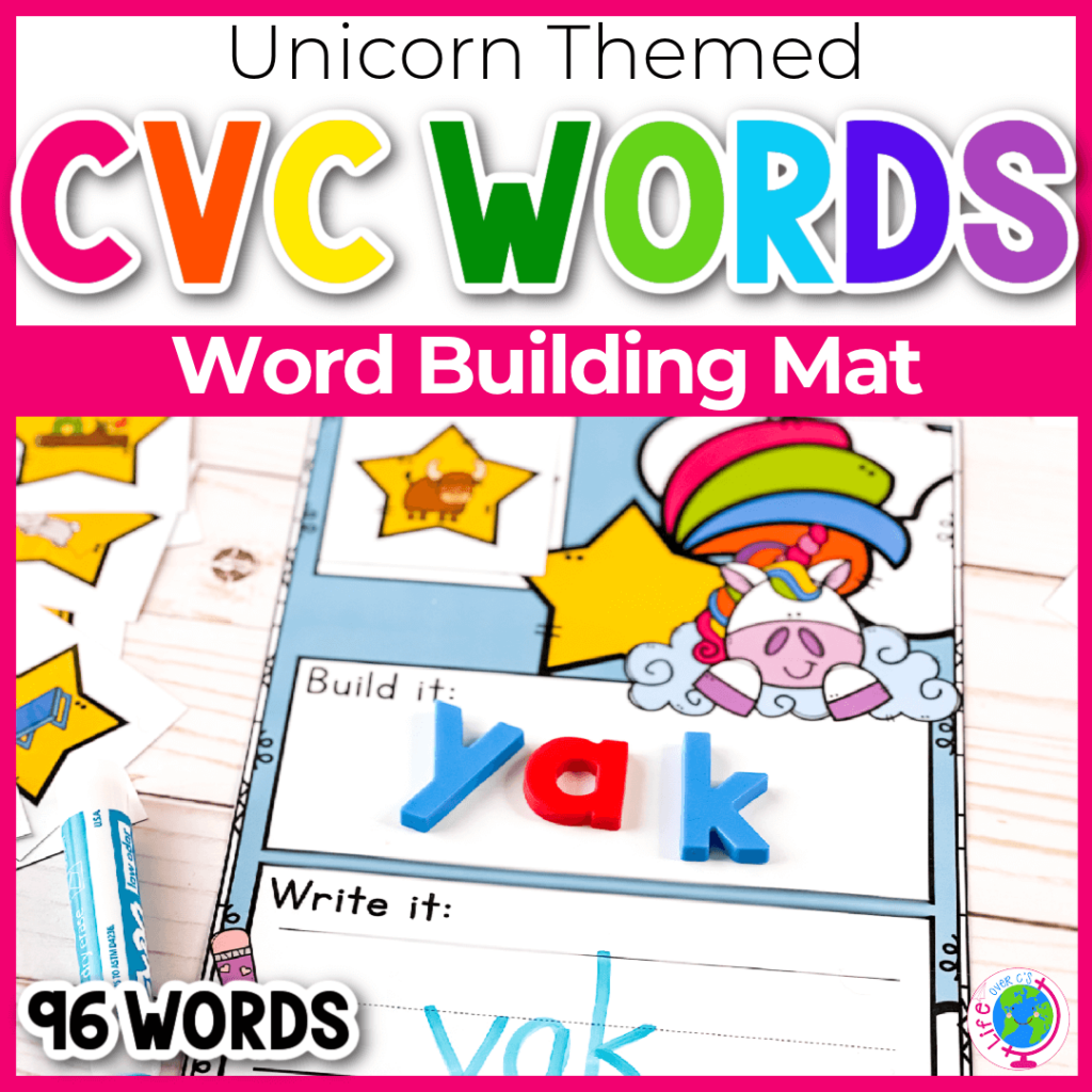 Unicorn CVC word building mats, unicorn literacy activity