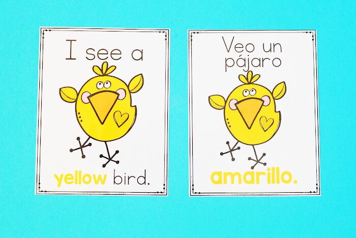 English and Spanish learn colors poster with yellow bird on a bright blue background