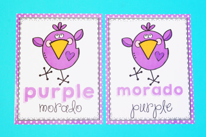 English and Spanish learn colors poster with purple bird on a bright blue background