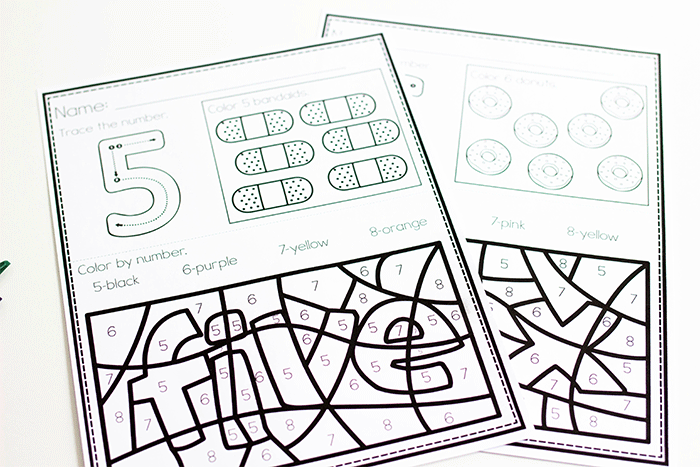 Color by number worksheets to practice number recognition.