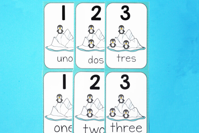 Numbers 1-20 posters and counting cards in English and Spanish with winter arctic animals theme
