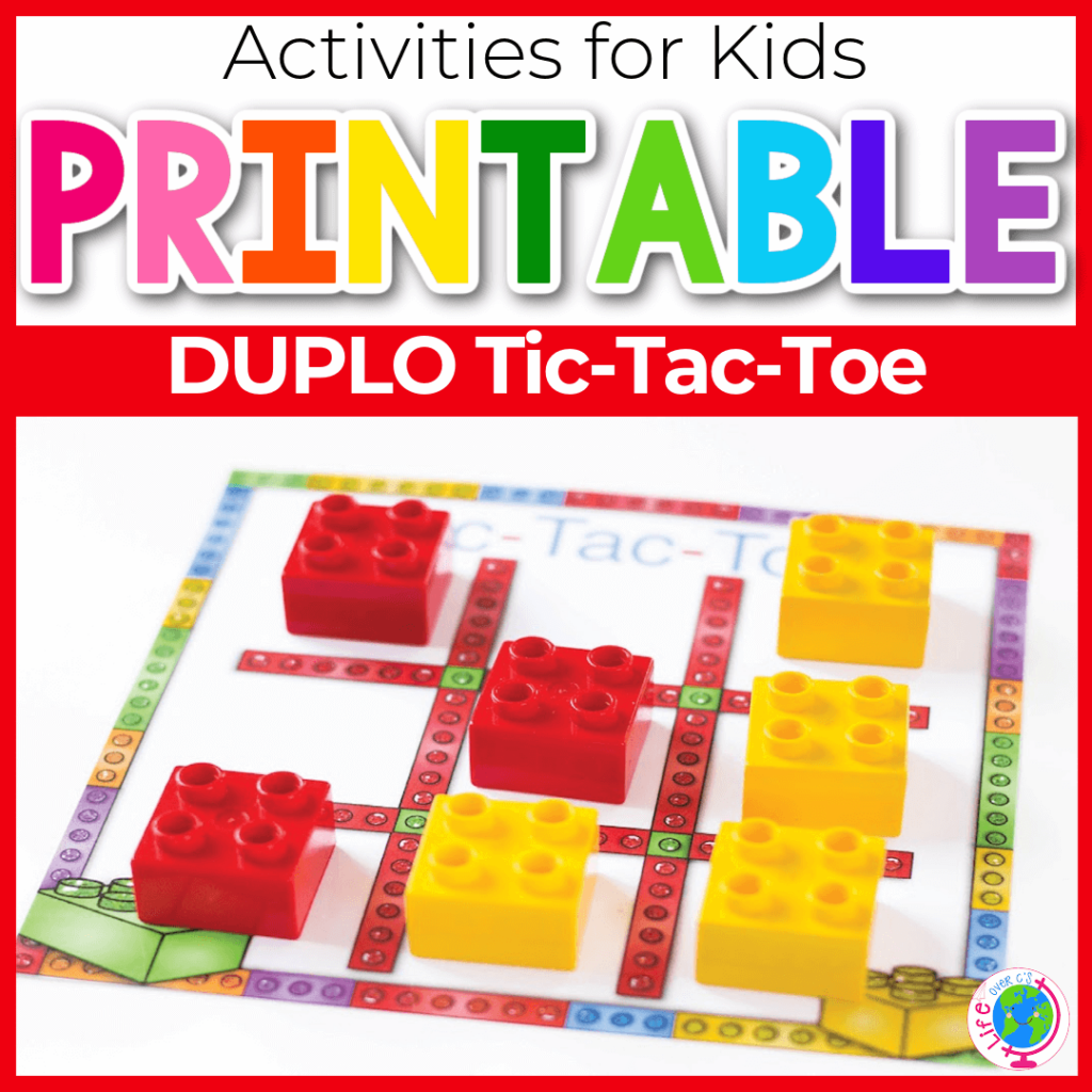 Printable DUPLO® tic tac toe board with red and yellow DUPLO® bricks placed on a grid, a hands-on strategy game and fine motor activity for preschool kids.