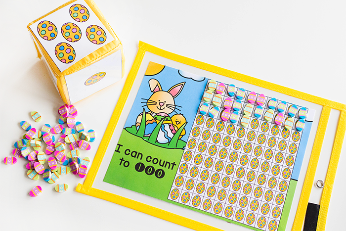 count to 100 counting grid game with Easter bunny and eggs