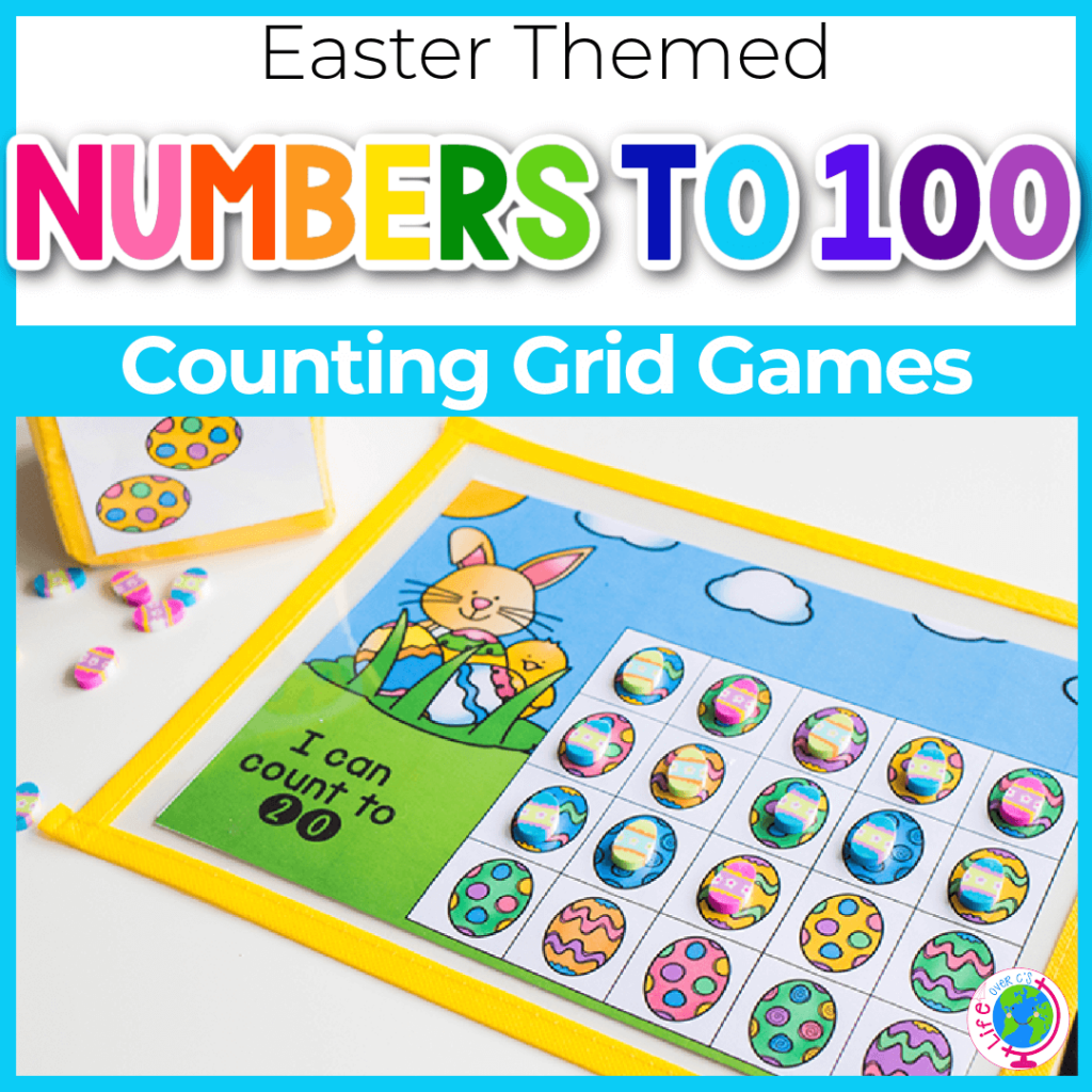 Counting grid game for kindergarten with Easter theme.