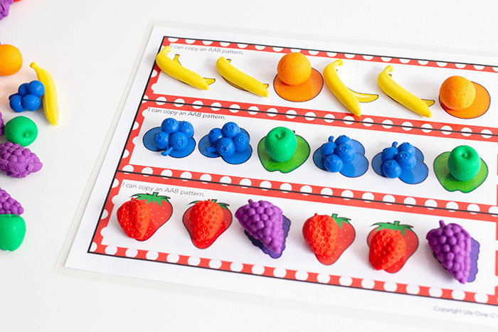 Math center pattern printables with fruit theme