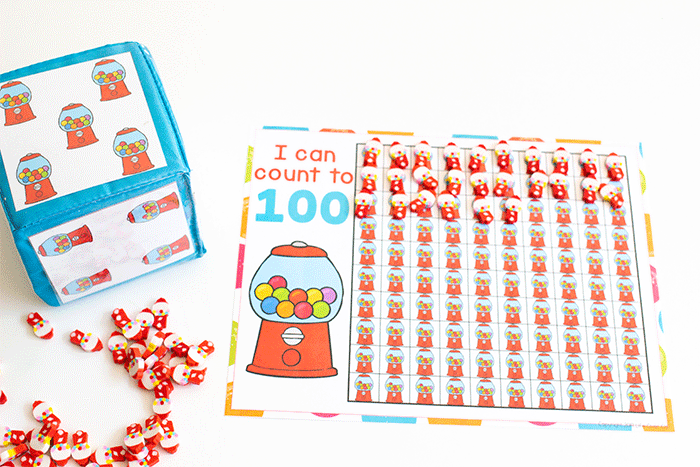 counting to 100 number grid with gumball mini erasers