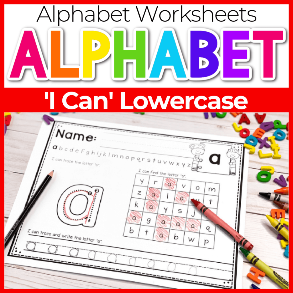 Alphabet "I can" worksheets for preschoolers and kindergarteners to practice lowercase letters.