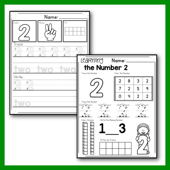 Number two worksheets for preschool and kindergarten