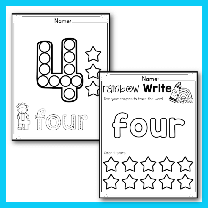 Number 4 counting worksheets for kindergarten and preschool students