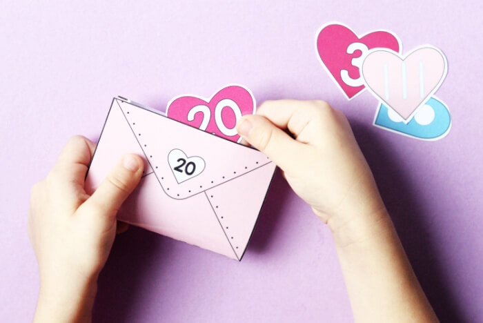 Numbers 1-20 matching game with Valentine's heart theme
