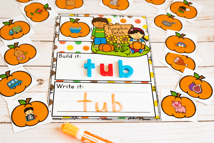 Fall CVC word building mats for kindergarten