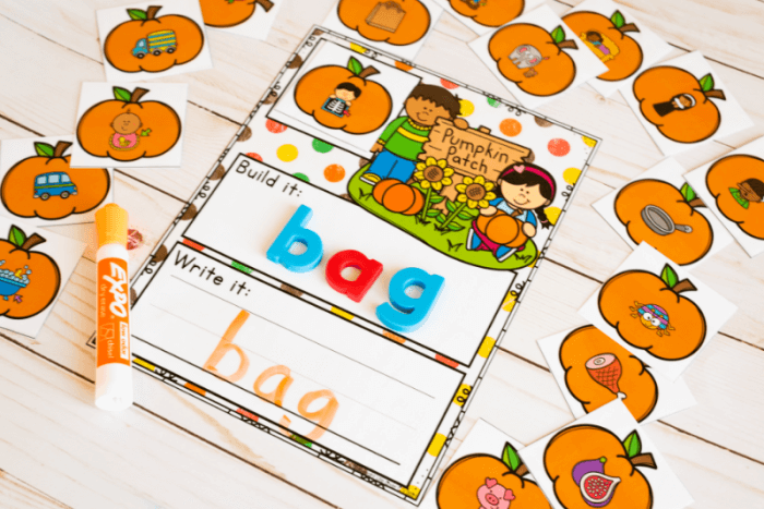 Pumpkin CVC word mats for kindergarten