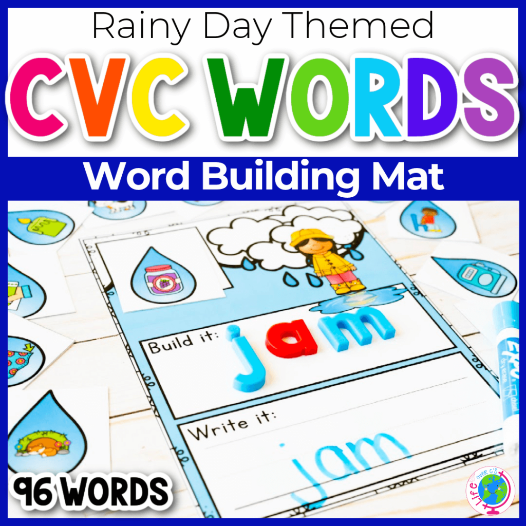 Rainy Day CVC word building mats, spring literacy activity