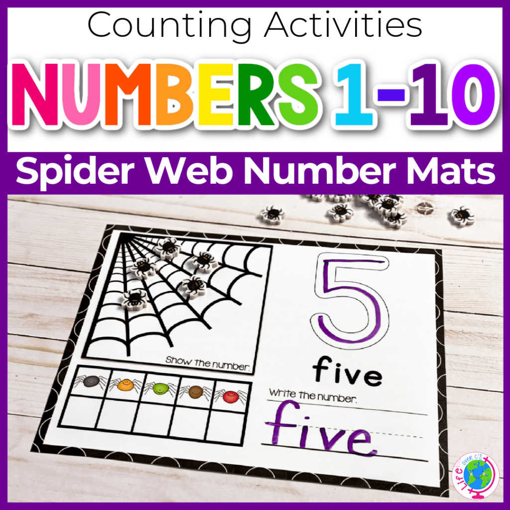Spider Halloween themed number counting mats for numbers 1-10