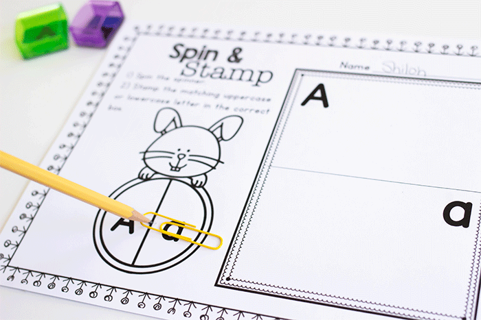 Preschool and kindergarten spring literacy worksheets, Spin and Stamp for Uppercase and Lowercase