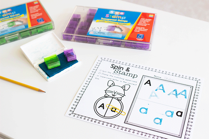 Alphabet Spin and Stamp Uppercase and Lowercase stamping alphabet activity with spring theme