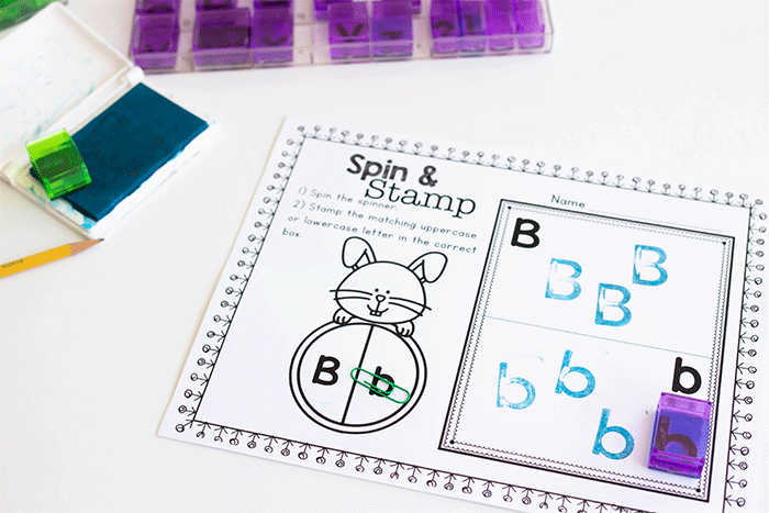 Spin and stamp spring uppercase and lowercase literacy activity