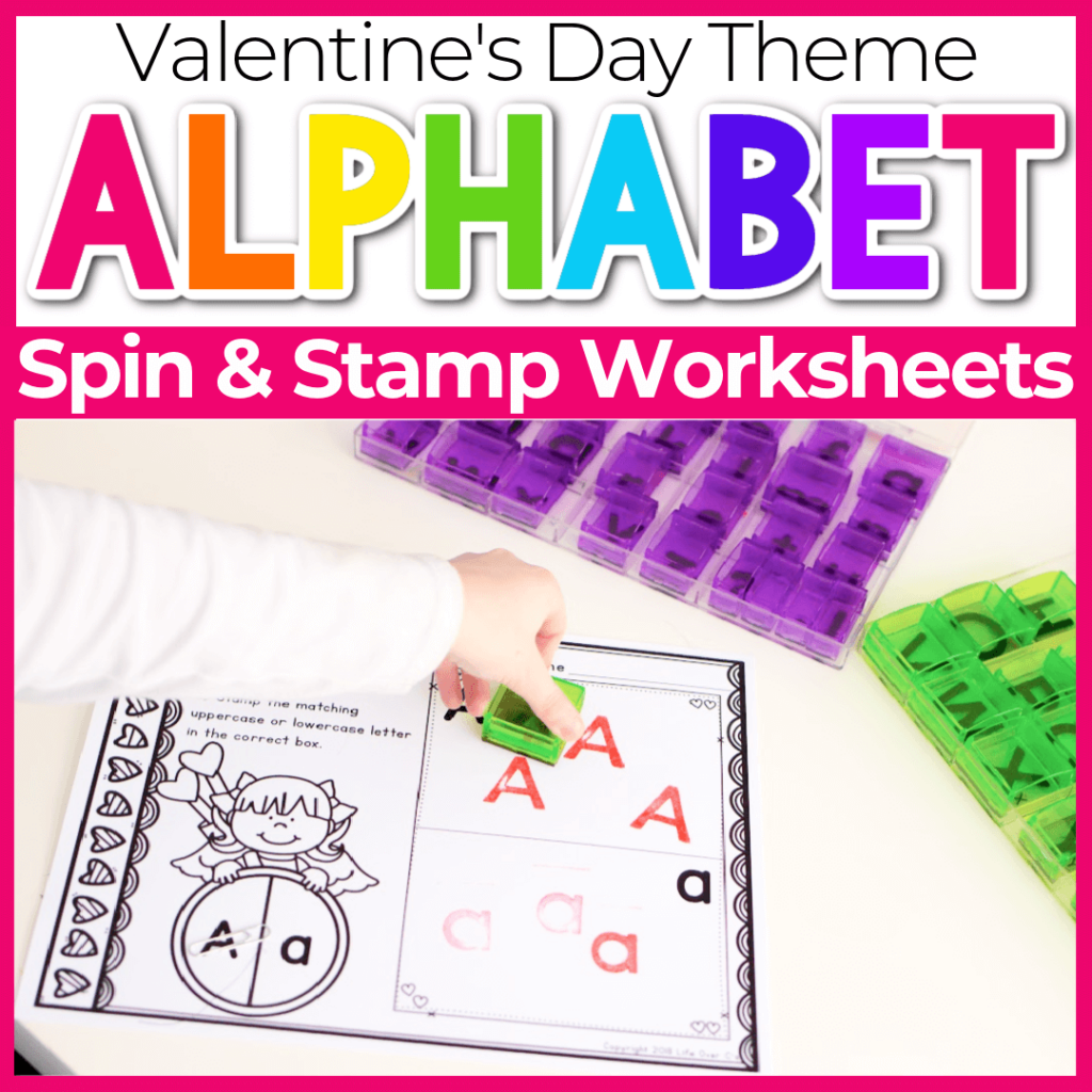 Valentine's Day themed alphabet spin and stamp worksheets for preschool and kindergarten